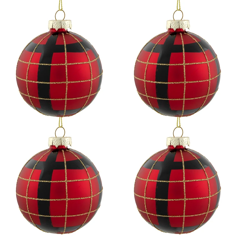 4ct. 3" Red, Black & Gold Plaid Glass Ball Ornaments