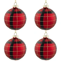 4ct. 3" Red, Black & Gold Plaid Glass Ball Ornaments