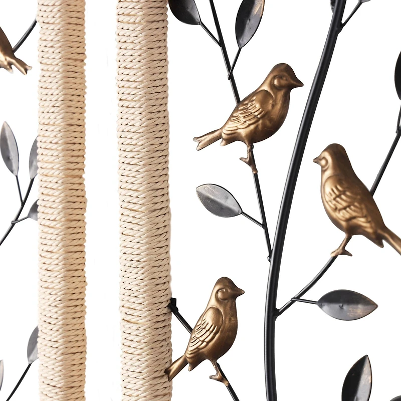 Black Metal Leaf Wall Décor with Cream Rattan Frame and Bronze Bird Accents, Set of 2