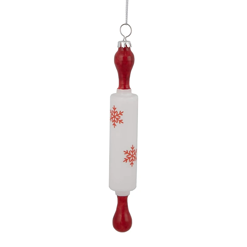 7" Red Snowflakes Rolling Pin Glass Christmas Ornament