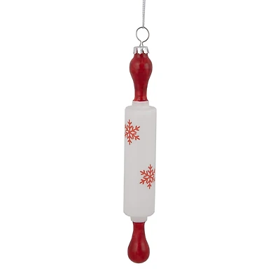 7" Red Snowflakes Rolling Pin Glass Christmas Ornament
