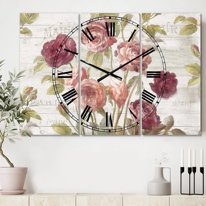 Designart French Roses 3 Panel Farmhouse Wall Clock