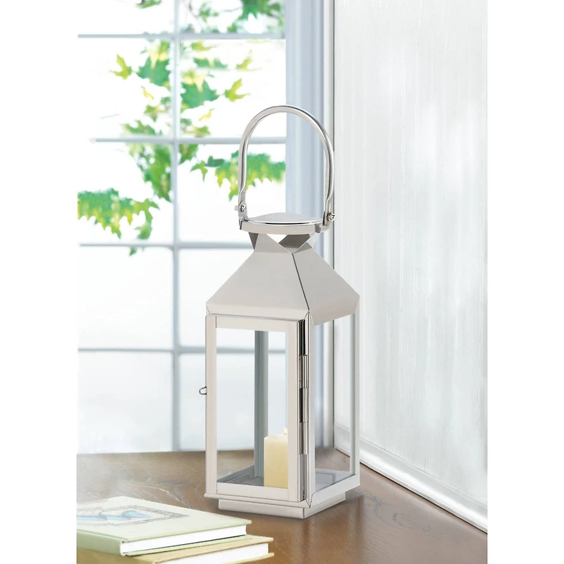 10" Sleek Stainless Steel Manhattan Candle Lantern with Handle
