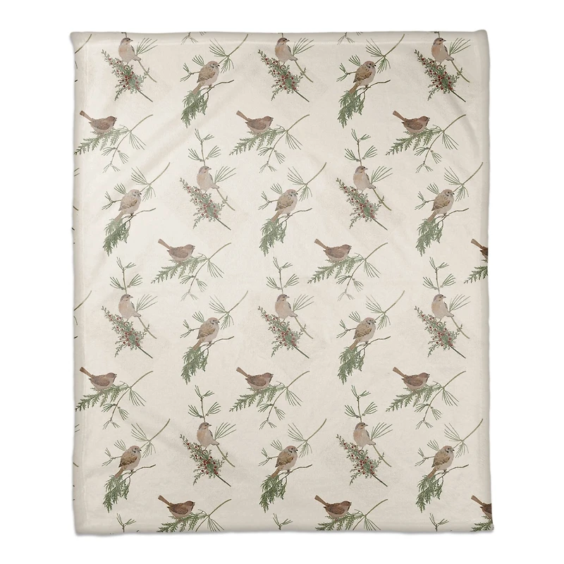 Pine & Birds on White Coral Fleece Blanket
