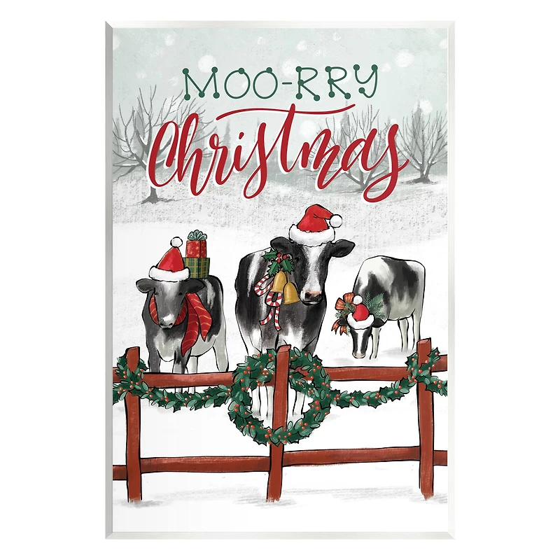 Stupell Industries Moo-rry Christmas Holiday Snowy Cows Wall Plaque Art
