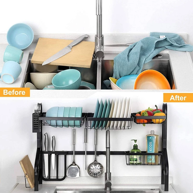 NEX™ Black 2-Tier Over the Sink Dish Rack with 5 Utility Hooks