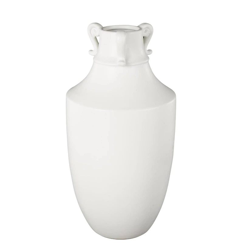 18.25" White Ceramic Sleek Amphora Vase with Scroll Handles