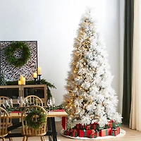 Glitzhome® 9ft Pre-Lit Flocked Full Pine Artificial Christmas Tree, Warm White LED Lights