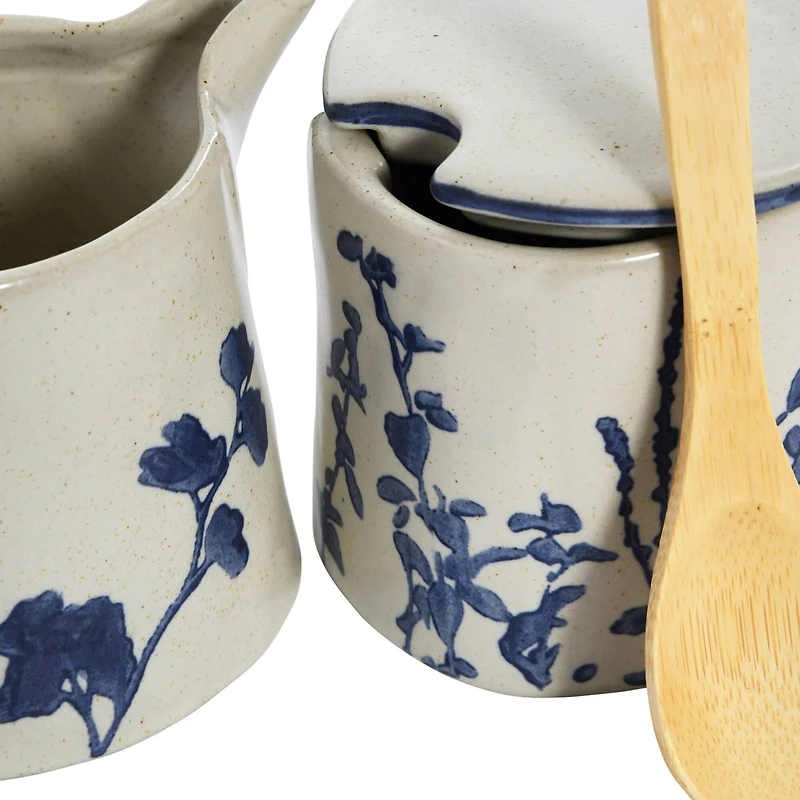 Hello Honey® Antique White & Blue Hand Stamped Stoneware Sugar Pot & Creamer Set