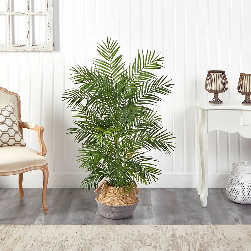 4ft. Areca Artificial Palm Branches in Boho Chic Handmade Cotton & Jute Gray Woven Planter