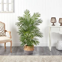4ft. Areca Artificial Palm Branches in Boho Chic Handmade Cotton & Jute Gray Woven Planter