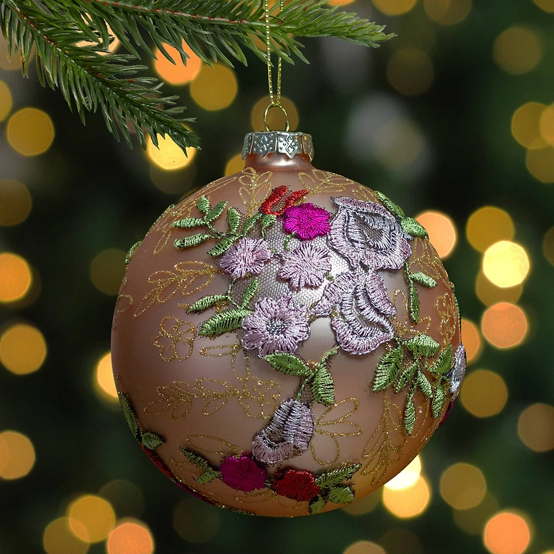 4.5" Pink Floral Applique Glass Ball Ornament
