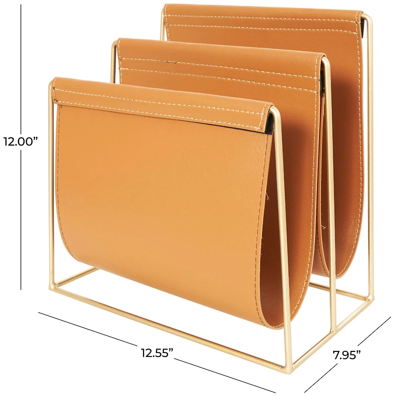 13" Orange Leather 3 Slot Magazine Holder with Gold Metal Frame