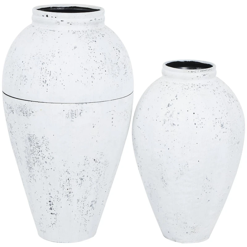 White Distressed Pot Floor Metal Vase Set