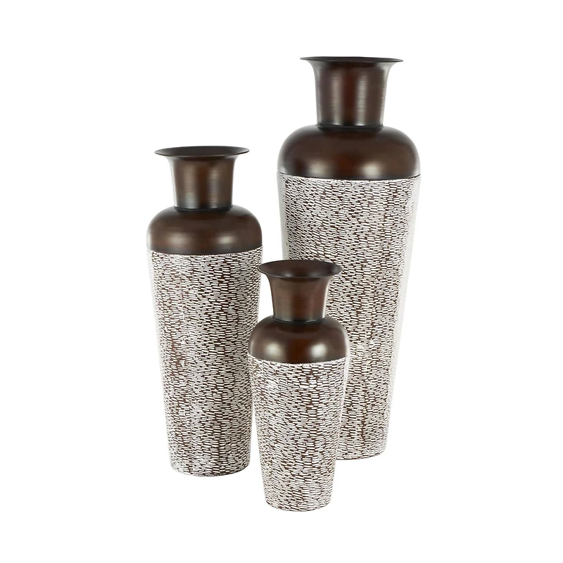 White & Brown Spotted Tapered Floor Metal Vase Set