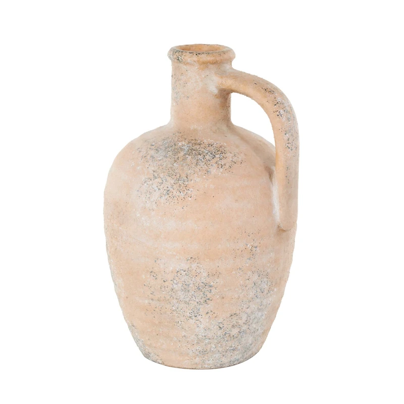 11" Beige Antique-Style Distressed Ceramic Vase with Handle