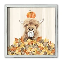 Autumn Cow Leaf Pile 16" x 16" White Framed Print