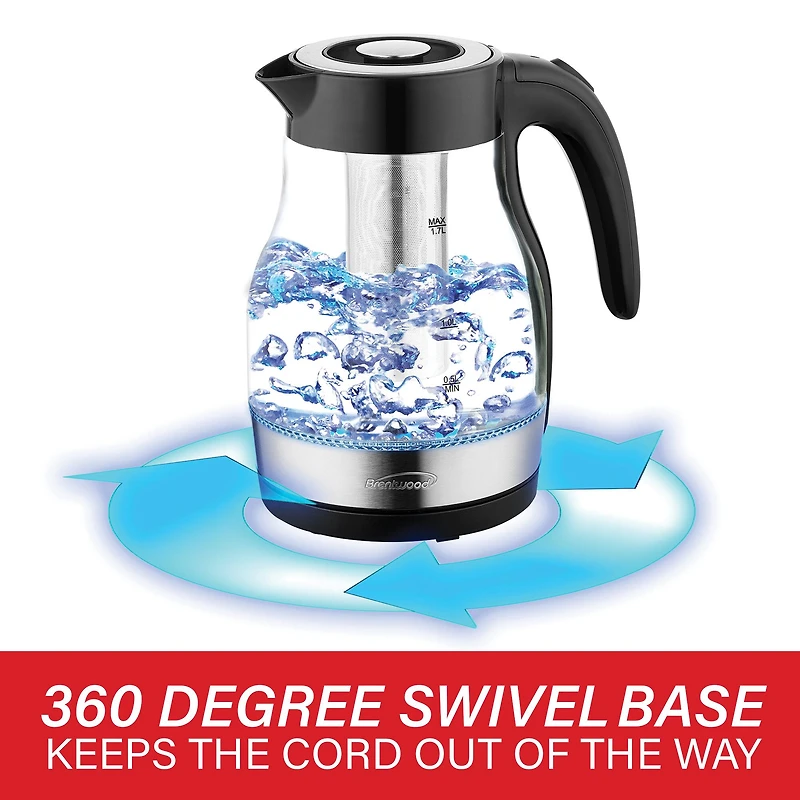 Brentwood 1.79qt. Black Cordless Glass Electric Kettle with Tea Infuser and Swivel Base