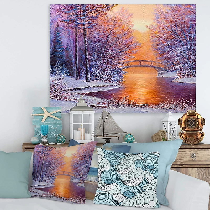 Designart - Bridge Over The River In Winter Landscape