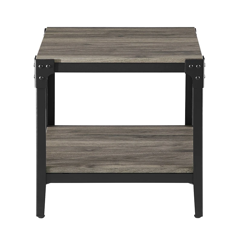 Walker Edison Slate Gray Angle Iron Rustic Wood Side Table Set