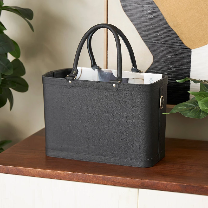 17" Black Leather Handmade Box Style Single Slot Decorative Magazine Holder with Arched Handles