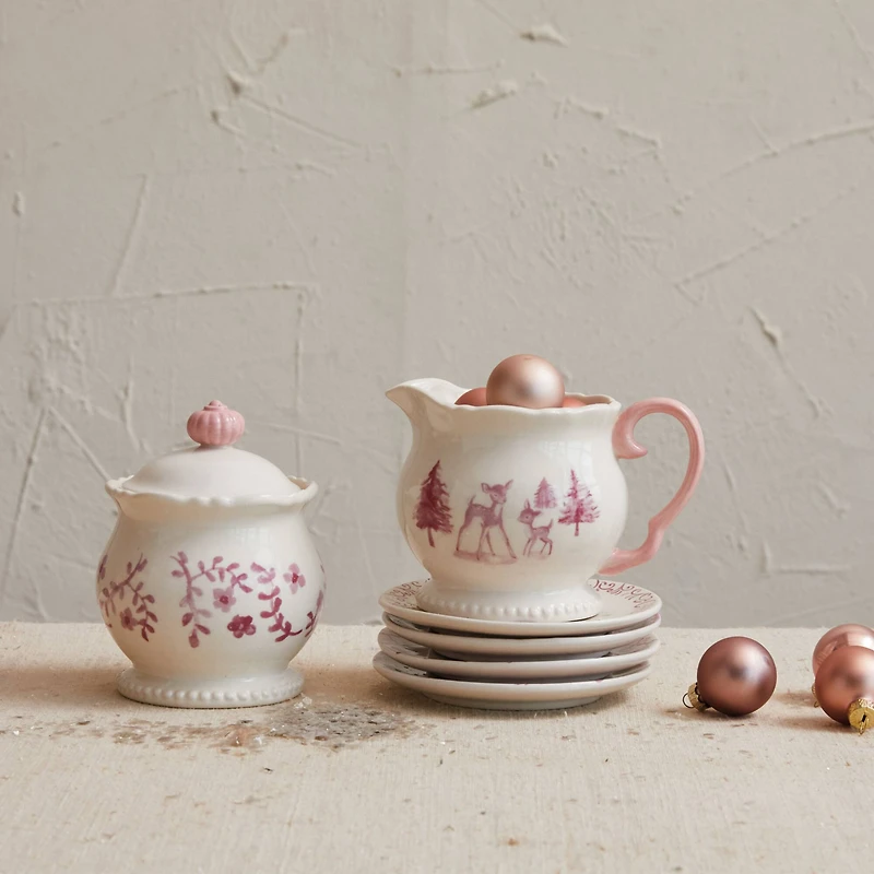 Hello Honey® 14oz. Pink & Cream Holiday Forest Stoneware Creamer & Sugar Pot Set