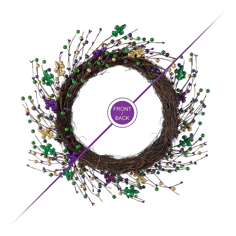 Glitzhome® 20" Mardi Gras Berry & Fleur-de-Lis Wreath