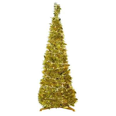 4ft. Pre-Lit Gold Tinsel Pop-Up Artificial Christmas Tree, Clear Lights