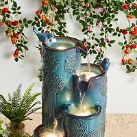 Glitzhome® 31.75" Turquoise 4-Tier Dandelion Texture Vase-Shaped Ceramic Outdoor Fountain with LED Light