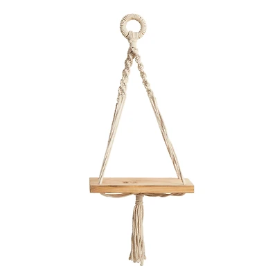 18" Boho Chic Wood Macrame Single Shelf Wall Art Decor