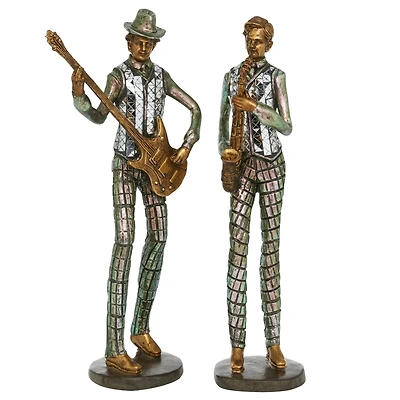 Set of 2 Silver Polystone Vintage Musician Sculpture, 11.75", 12"