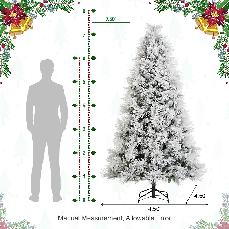 Glitzhome® 7.5ft Pre-Lit Flocked Full Pine Artificial Christmas Tree, Warm White LED Lights