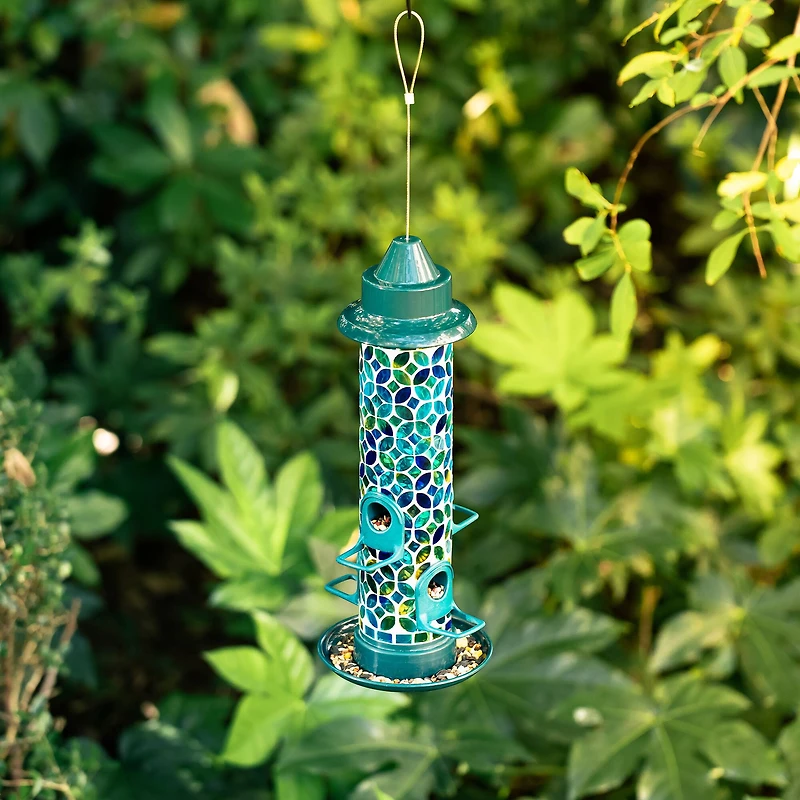 Glitzhome® 20" Tall Blue & Green Mosaic Glass Hanging Bird Feeder