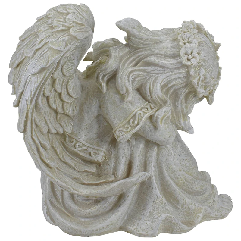 8.5" Ivory Resting Angel with Floral Crown Outdoor Garden Statue