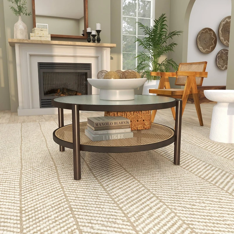 34" Brown Rattan Coffee Table with Pressed Tempered Glass Top