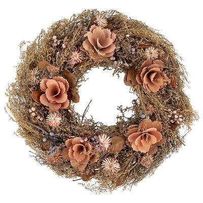 13.75" Orange & Coral Pink Twig & Floral Autumn Harvest Wreath