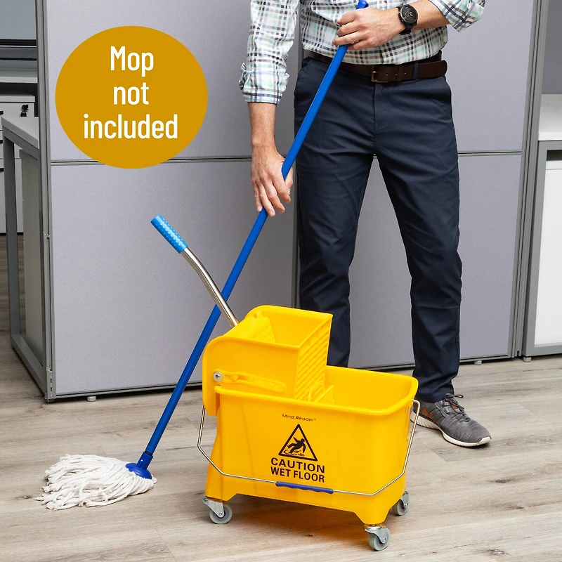 Mind Reader Mop Bucket with Wringer, 5.5 Gallon Upward Press, Plastic Cleaning Bucket with Handle and Wheels, Yellow