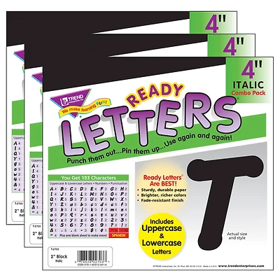 TREND Enterprises® Black 4" Italic Uppercase/Lowercase Ready Letters® Combo Pack, 3 Packs of 582