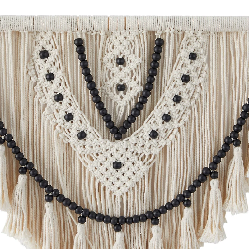 White Cotton Handmade Intricately Weaved Macrame Wall Decor with Beaded Fringe Tassels 28" x 1" x 32"