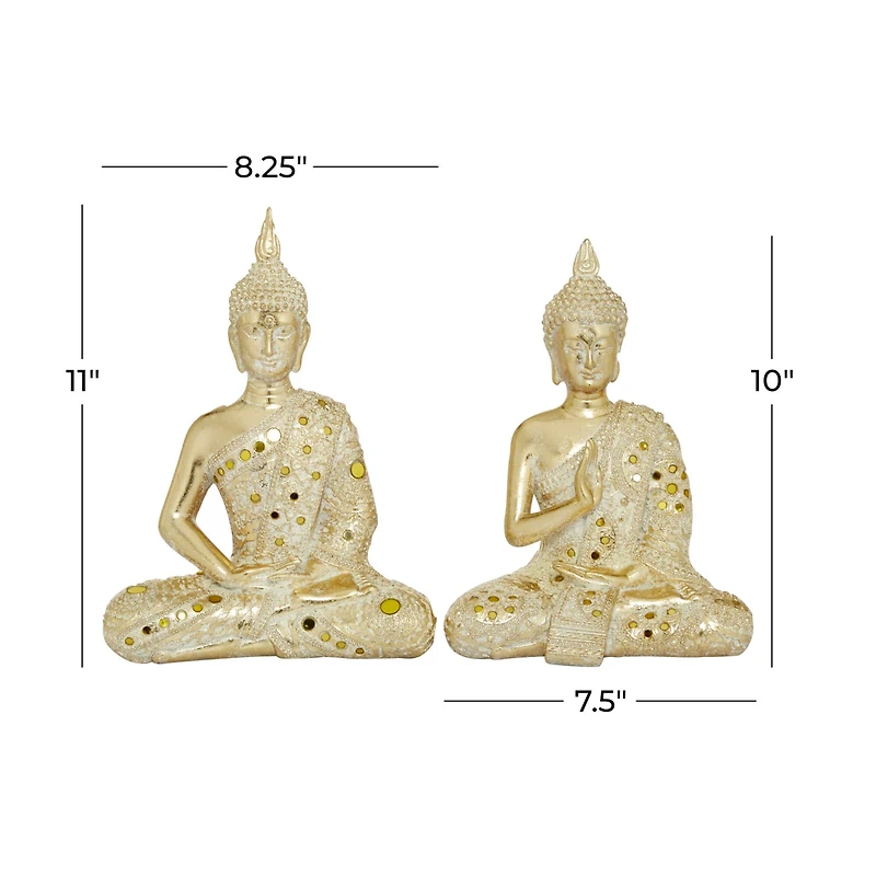 Set of 2 Gold Polystone Glam Buddha Sculpture, 10", 11"