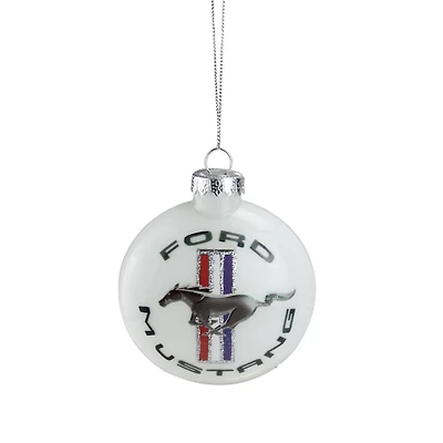 White Ford Mustang Collectible Glass Disc Ornament