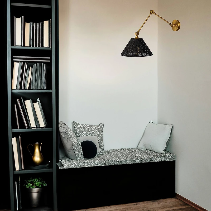 Hello Honey® 28.9" Adjustable Antique Brass Finish Wall Sconce with Black Rattan Shade