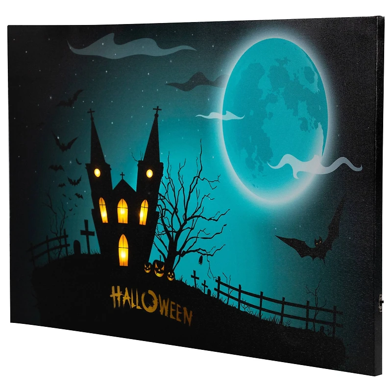 LED Lighted Eerie Church in Cemetery Halloween Canvas Wall Art