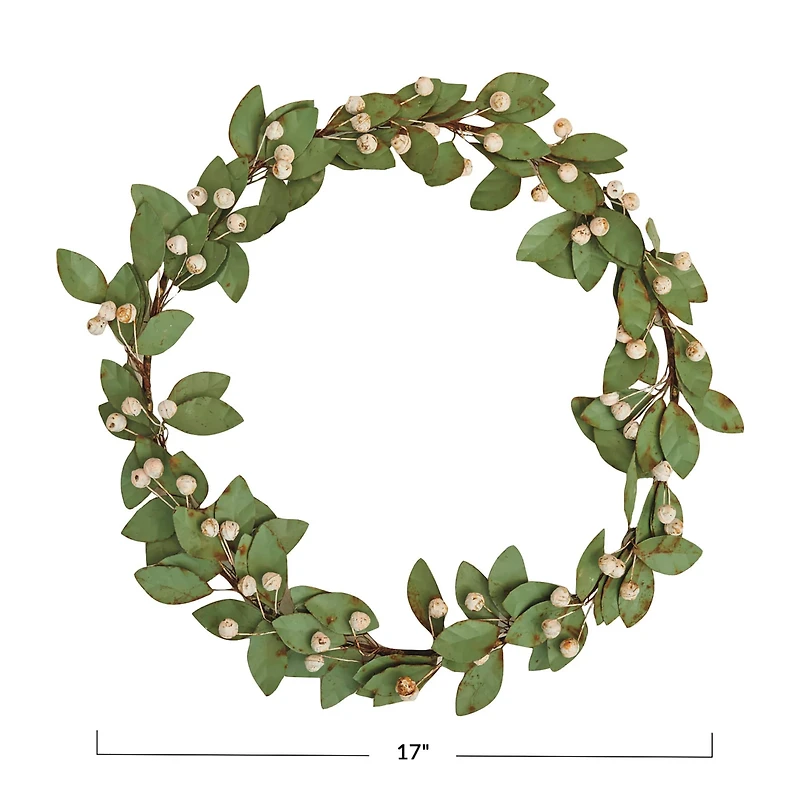 Hello Honey® 16" Green & Antique Pink Round Painted Metal Leaf & Berry Wreath