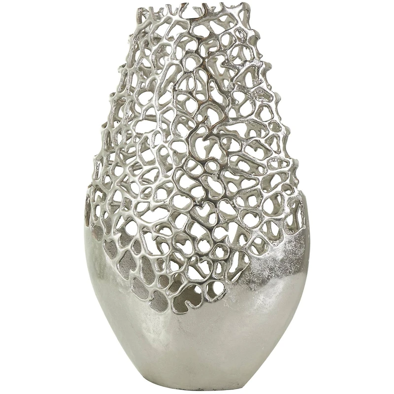 21" Silver Aluminum Metal Rounded Vase with Freeform Open Lattice Work
