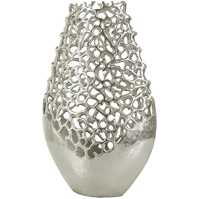 21" Silver Aluminum Metal Rounded Vase with Freeform Open Lattice Work