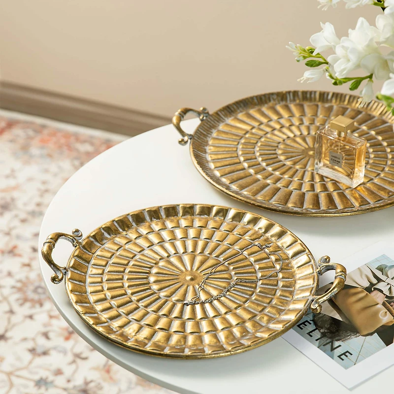 Glitzhome® Gold Round Metal Embossed Decorative Trays Set