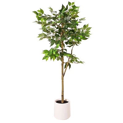 American Art Decor 5ft. Realistic Artificial Ficus Tree Faux Plant in White Pot 