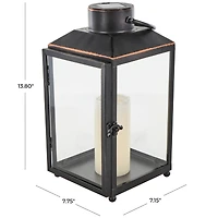 14" Black Metal Modern Candle Lantern with Gold Accents