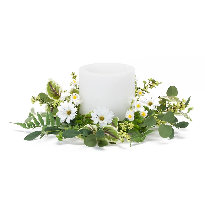 17" White Mixed Foliage & Daisy Candle Rings, 4ct.